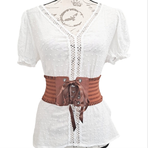 Wide Brown lace up corset elastic boho stretch waist ruffle statement belt - Picture 9 of 11